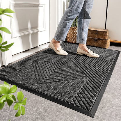 Heavy-Duty Anti-Slip Door Mat, Mud-Proof Washable Entrance Rug with Geometric Pattern, 24x36 Inch, Black Nylon Blend for Home and Balcony